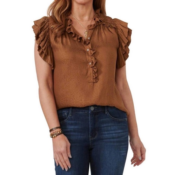 Democracy Tops - Democracy Dotted Woven Jacquard Ruffle Blouse Size XL